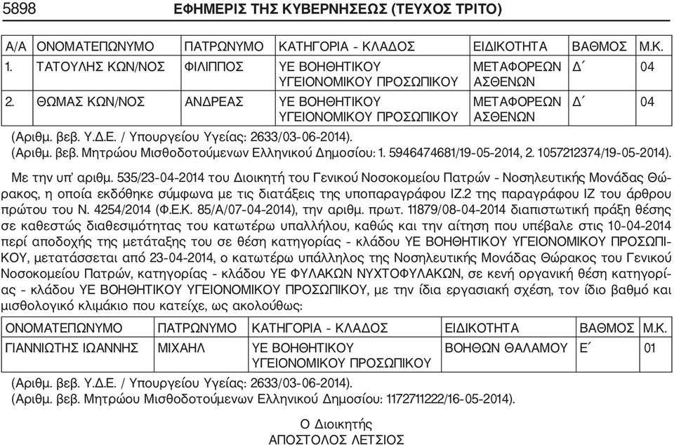 5946474681/19 05 2014, 2. 1057212374/19 05 2014). Με την υπ αριθμ.