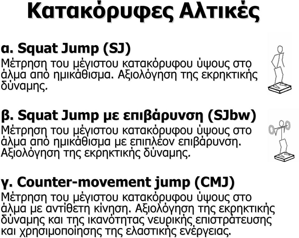 Squat Jump με επιβάρυνση (SJbw) Μέτρηση του μέγιστου κατακόρυφου ύψους στο άλμα από ημικάθισμα με επιπλέον επιβάρυνση.