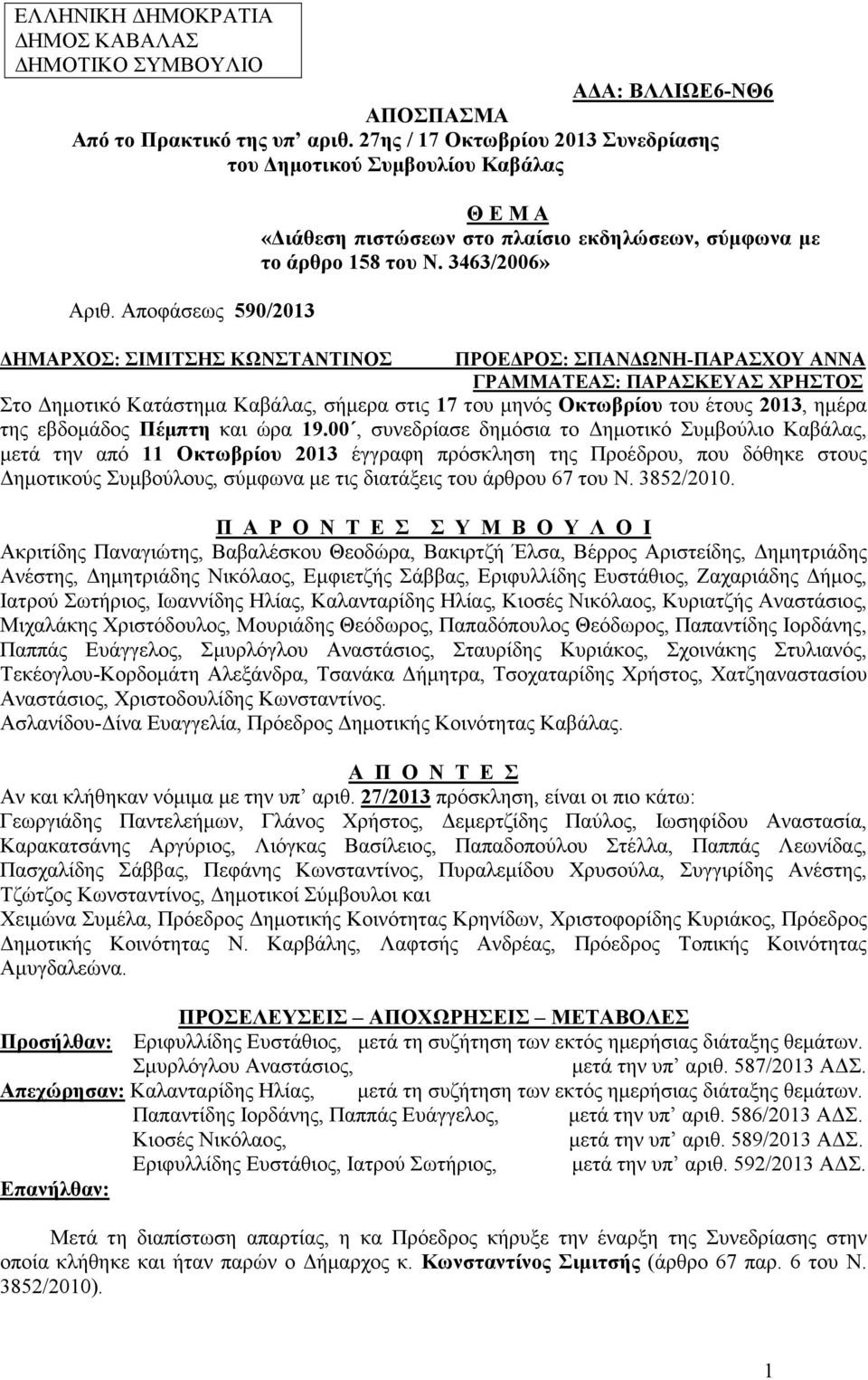 3463/2006» ΗΜΑΡΧΟΣ: ΣΙΜΙΤΣΗΣ ΚΩΝΣΤΑΝΤΙΝΟΣ ΠΡΟΕ ΡΟΣ: ΣΠΑΝ ΩΝΗ-ΠΑΡΑΣΧΟΥ ΑΝΝΑ ΓΡΑΜΜΑΤΕΑΣ: ΠΑΡΑΣΚΕΥΑΣ ΧΡΗΣΤΟΣ Στο ηµοτικό Κατάστηµα Καβάλας, σήµερα στις 17 του µηνός Οκτωβρίου του έτους 2013, ηµέρα της
