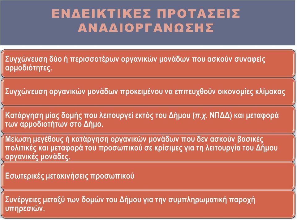Μείωση μεγέθους ή κατάργηση οργανικών μονάδων που δεν ασκούν βασικές πολιτικές και μεταφορά του προσωπικού σε κρίσιμες για τη λειτουργία του