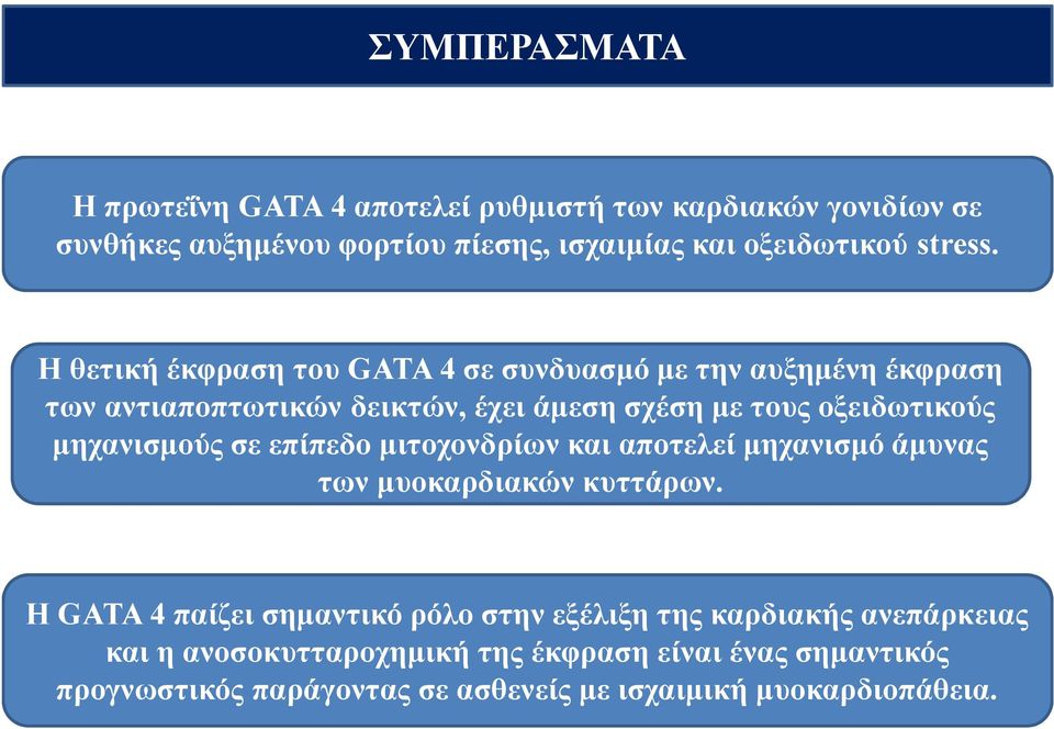 H θετική έκφραση του GATA 4 σε συνδυασμό με την αυξημένη έκφραση των αντιαποπτωτικών δεικτών, έχει άμεση σχέση με τους οξειδωτικούς