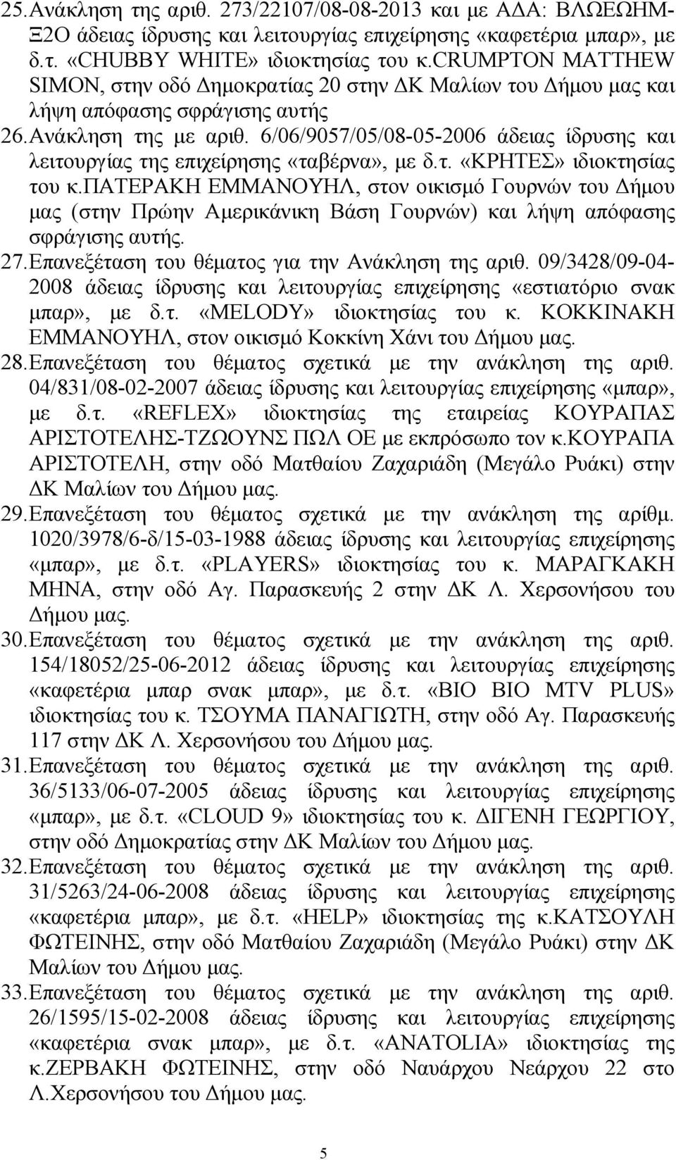 6/06/9057/05/08-05-2006 άδειας ίδρυσης και λειτουργίας της επιχείρησης «ταβέρνα», µε δ.τ. «ΚΡΗΤΕΣ» ιδιοκτησίας του κ.