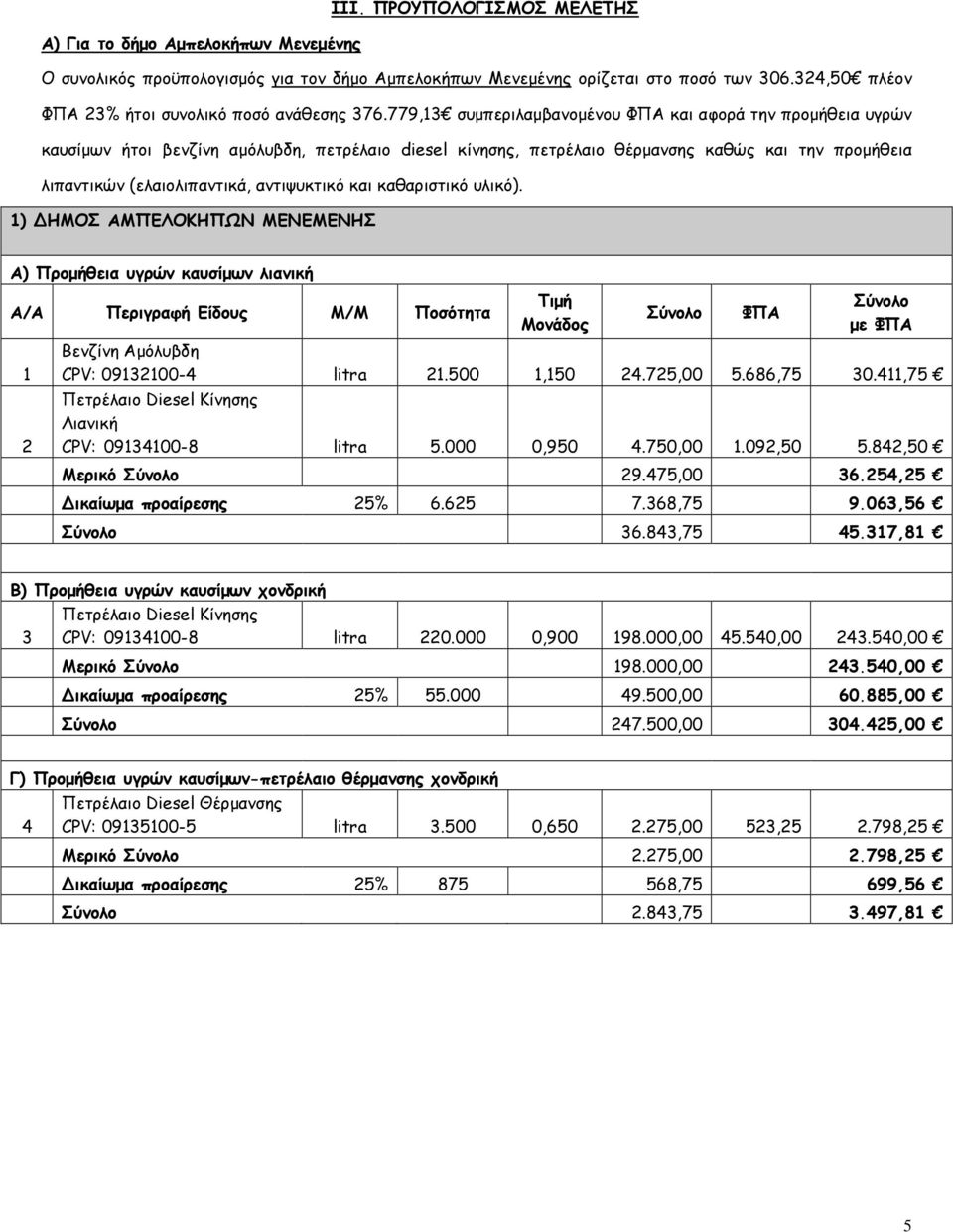 779,13 συµπεριλαµβανοµένου και αφορά την προµήθεια υγρών καυσίµων ήτοι βενζίνη αµόλυβδη, πετρέλαιο diesel κίνησης, πετρέλαιο θέρµανσης καθώς και την προµήθεια λιπαντικών (ελαιολιπαντικά, αντιψυκτικό