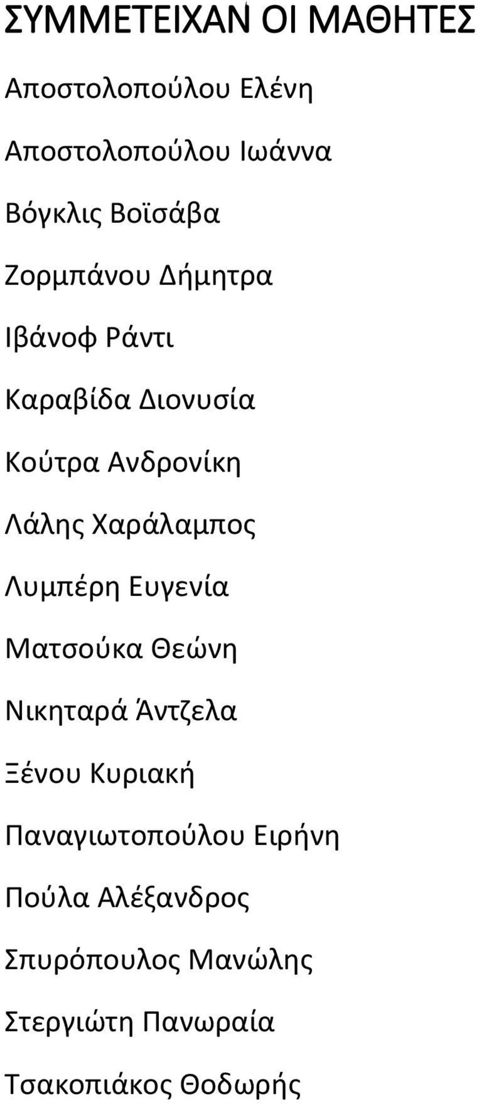 Χαράλαμπος Λυμπέρη Ευγενία Ματσούκα Θεώνη Νικηταρά Άντζελα Ξένου Κυριακή