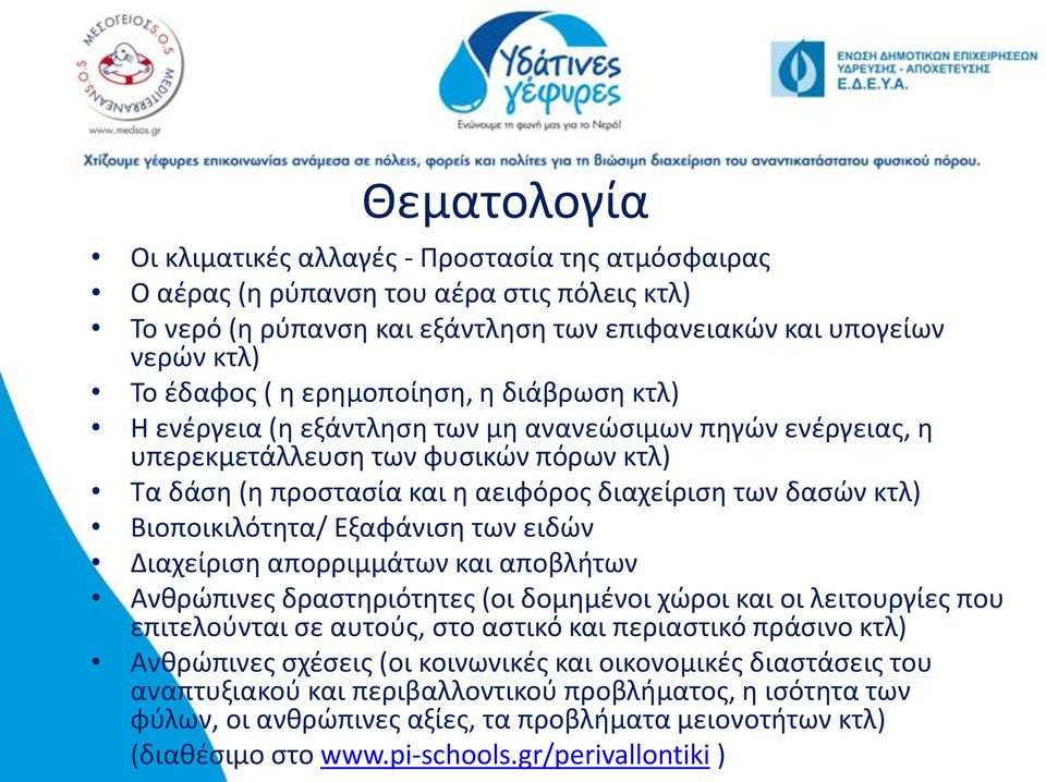 Βιοποικιλότητα/ Εξαφάνιση των ειδών Διαχείριση απορριμμάτων και αποβλήτων Ανθρώπινες δραστηριότητες (οι δομημένοι χώροι και οι λειτουργίες που επιτελούνται σε αυτούς, στο αστικό και περιαστικό