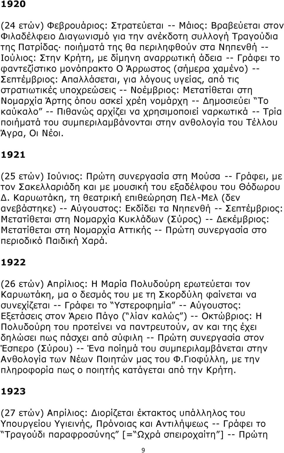 Μετατίθεται στη Νομαρχία Άρτης όπου ασκεί χρέη νομάρχη -- Δημοσιεύει Το καύκαλο -- Πιθανώς αρχίζει να χρησιμοποιεί ναρκωτικά -- Τρία ποιήματά του συμπεριλαμβάνονται στην ανθολογία του Τέλλου Άγρα, Οι