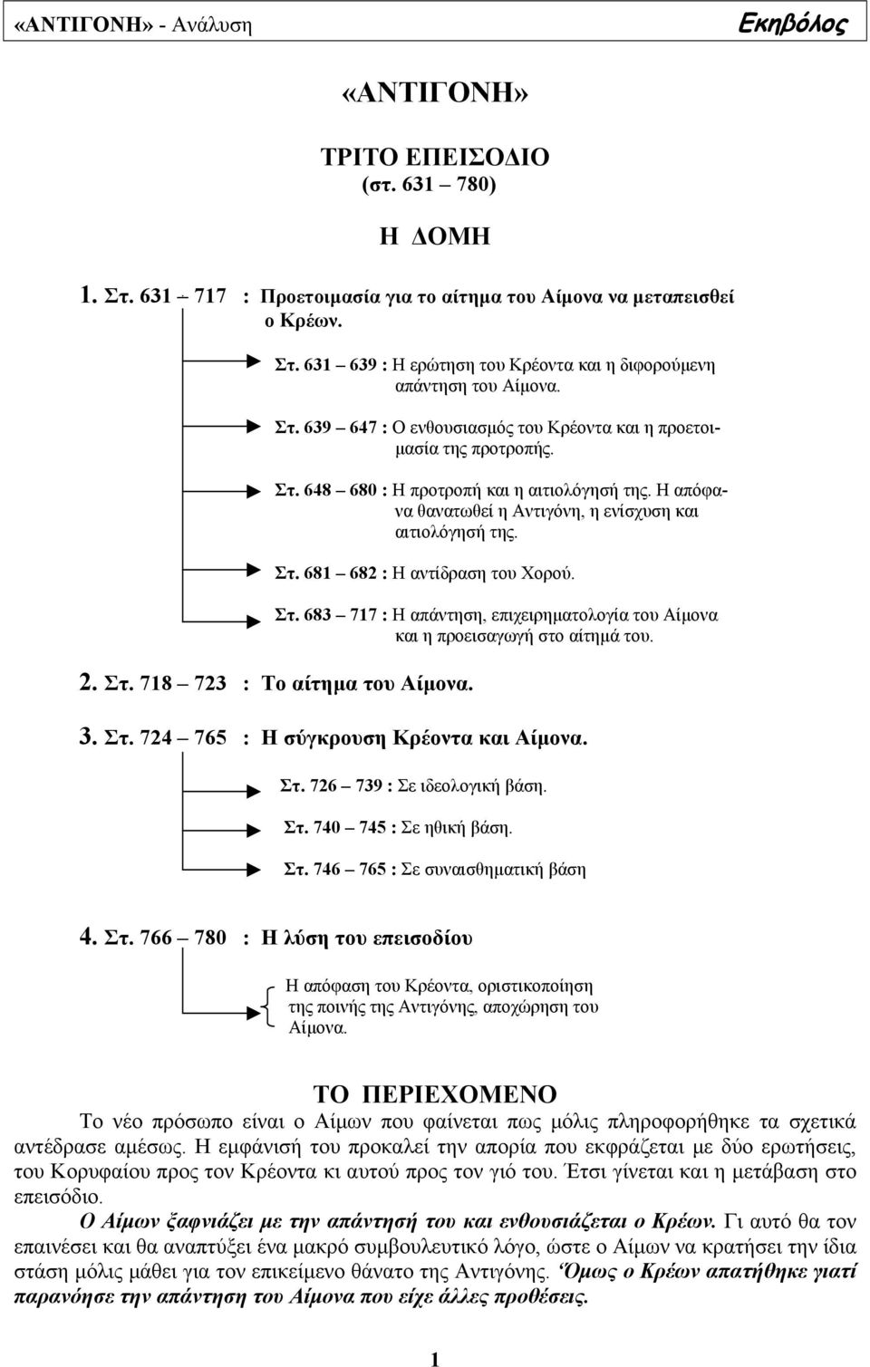 Στ. 683 717 : Η απάντηση, επιχειρηµατολογία του Αίµονα και η προεισαγωγή στο αίτηµά του. 2. Στ. 718 723 : Το αίτηµα του Αίµονα. 3. Στ. 724 765 : Η σύγκρουση Κρέοντα και Αίµονα. Στ. 726 739 : Σε ιδεολογική βάση.