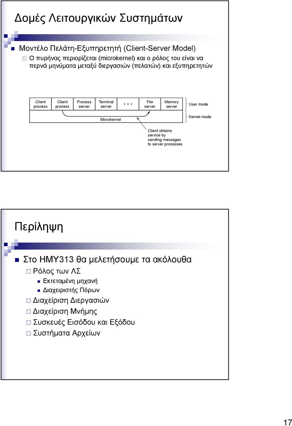 και εξυπηρετητών Περίληψη Στο ΗΜΥ313 θα µελετήσουµε τα ακόλουθα Ρόλος των ΛΣ Εκτεταµένη µηχανή