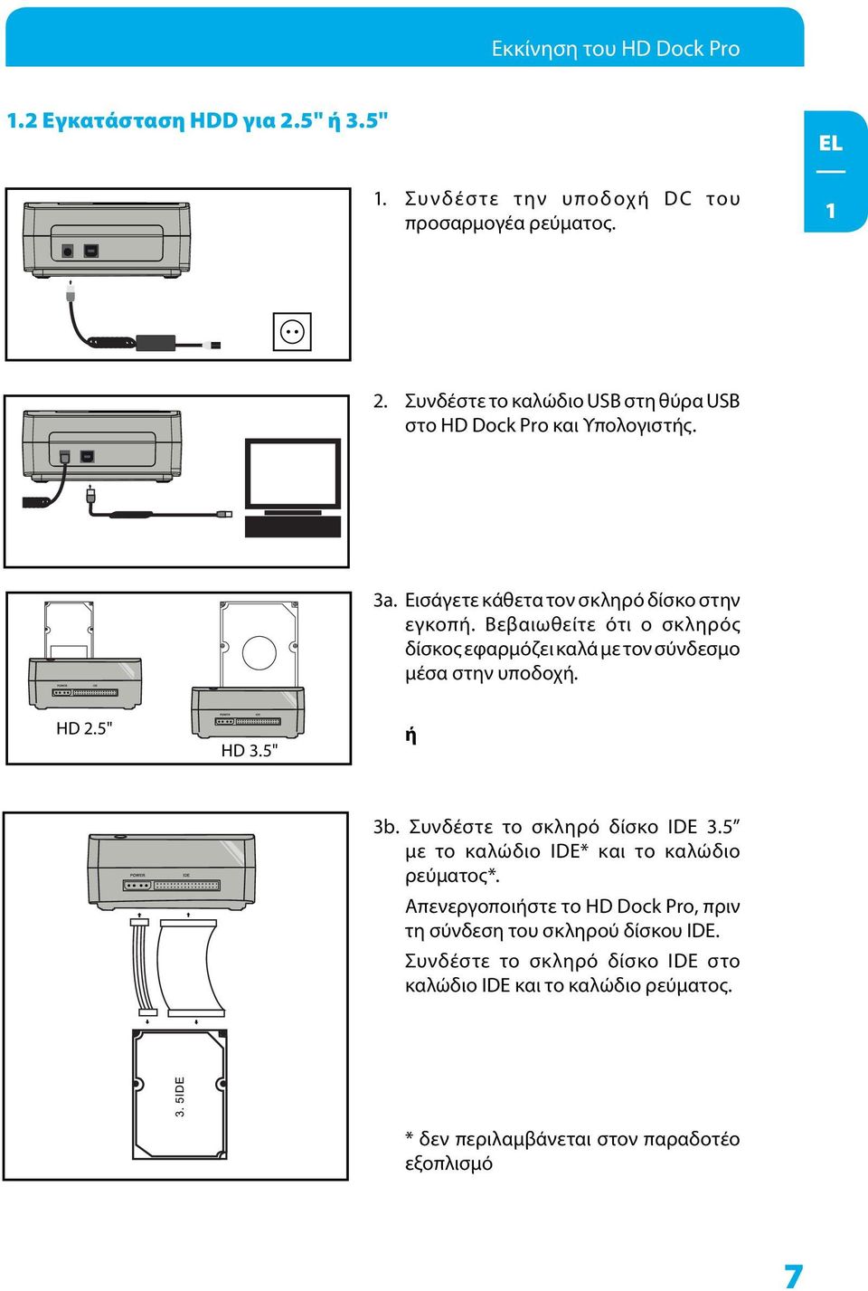 5" ή 3b. Συνδέστε το σκληρό δίσκο IDE 3.5 με το καλώδιο IDE* και το καλώδιο ρεύματος*.