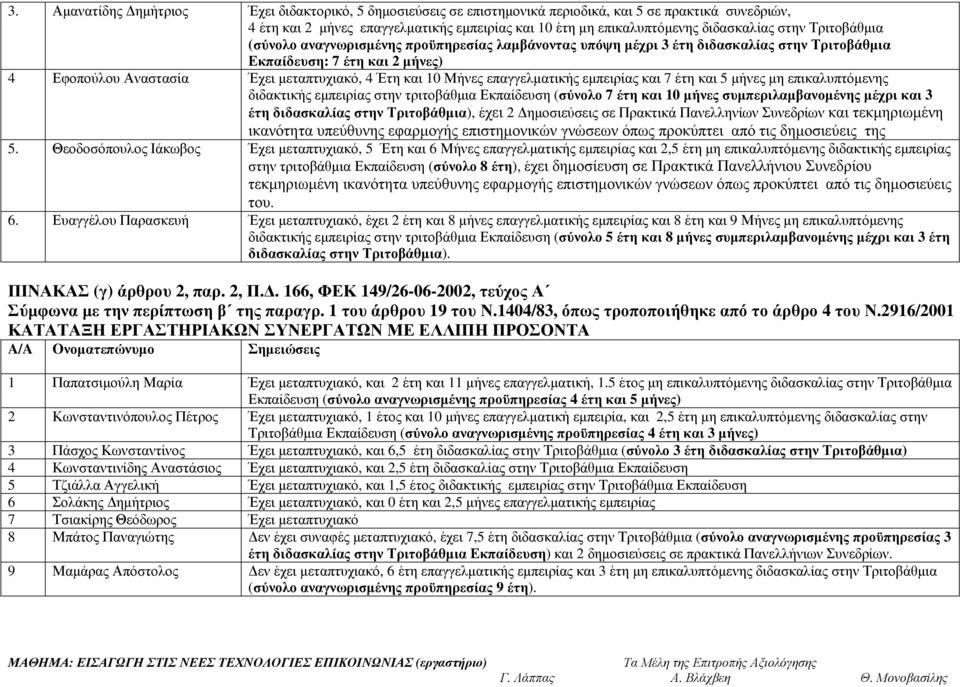 επαγγελµατικής εµπειρίας και 7 έτη και 5 µη επικαλυπτόµενης διδακτικής εµπειρίας στην τριτοβάθµια Εκπαίδευση (σύνολο 7 έτη και 10 συµπεριλαµβανοµένης µέχρι και 3 έτη διδασκαλίας στην Τριτοβάθµια),