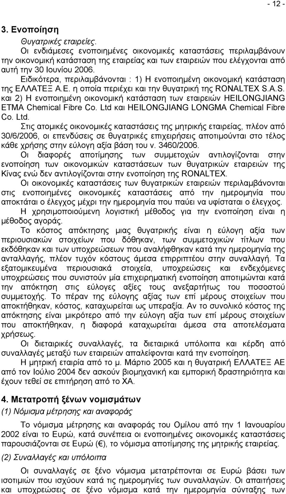 Ειδικότερα, περιλαµβάνονται : 1) Η ενοποιηµένη οικονοµική κατάσταση της ΕΛΛΑΤΕΞ Α.Ε. η οποία περιέχει και την θυγατρική της RONALTEX S.