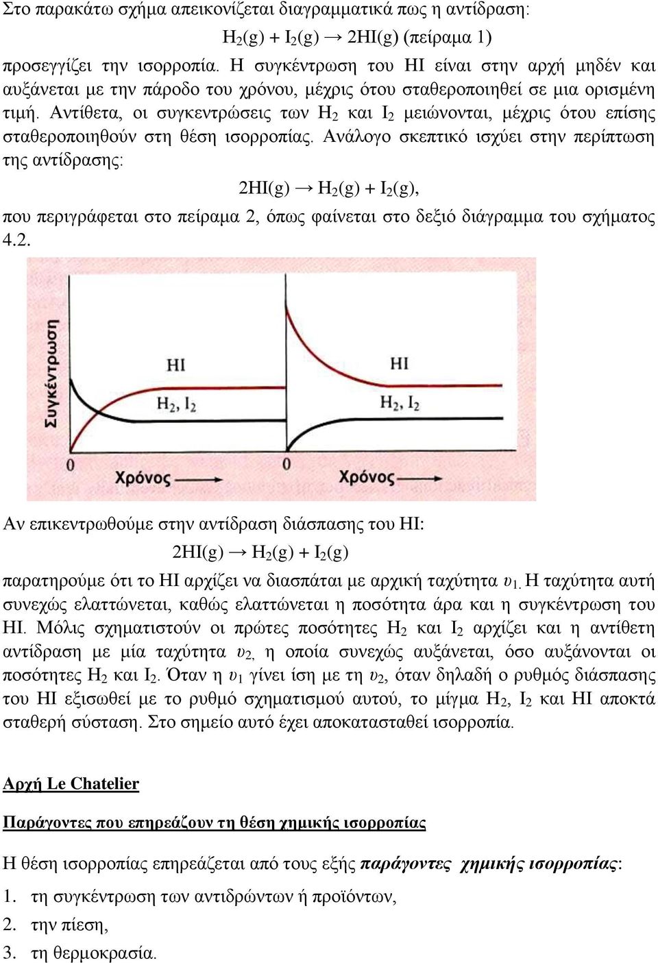 Αντίθετα, οι συγκεντρώσεις των Η 2 και Ι 2 μειώνονται, μέχρις ότου επίσης σταθεροποιηθούν στη θέση ισορροπίας.