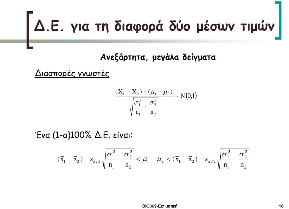 για τη διαφορά δύο μέσων τιμών