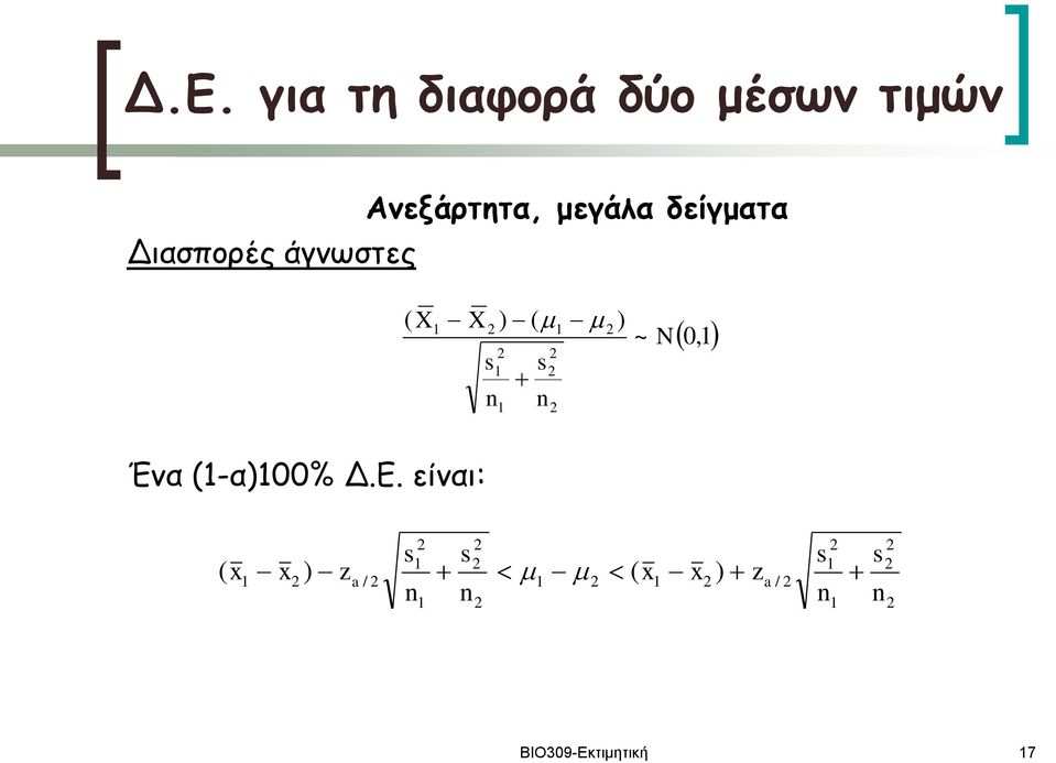 για τη διαφορά δύο μέσων τιμών