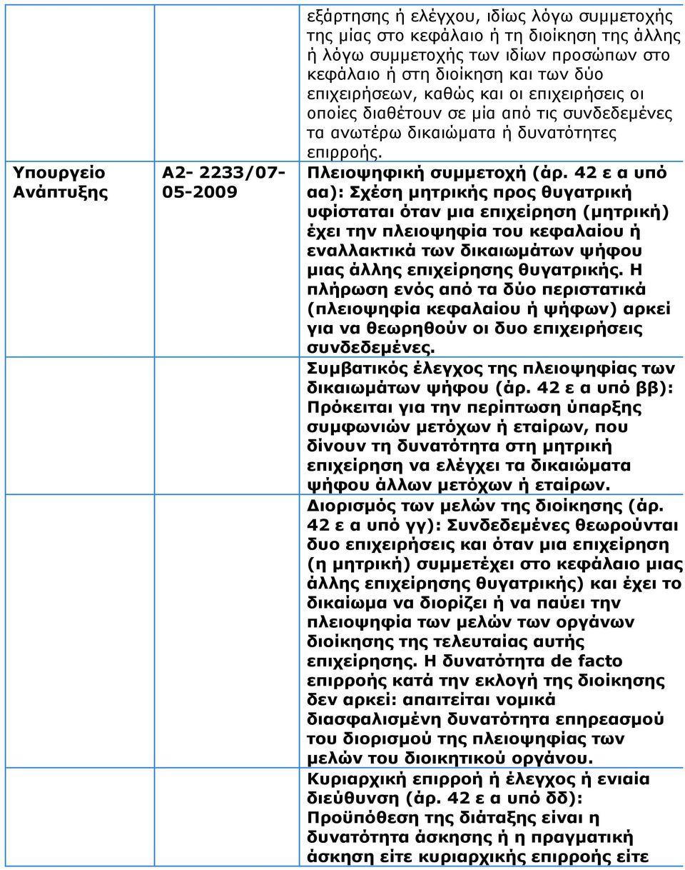 42 ε α υπό αα): Σχέση µητρικής προς θυγατρική υφίσταται όταν µια επιχείρηση (µητρική) έχει την πλειοψηφία του κεφαλαίου ή εναλλακτικά των δικαιωµάτων ψήφου µιας άλλης επιχείρησης θυγατρικής.