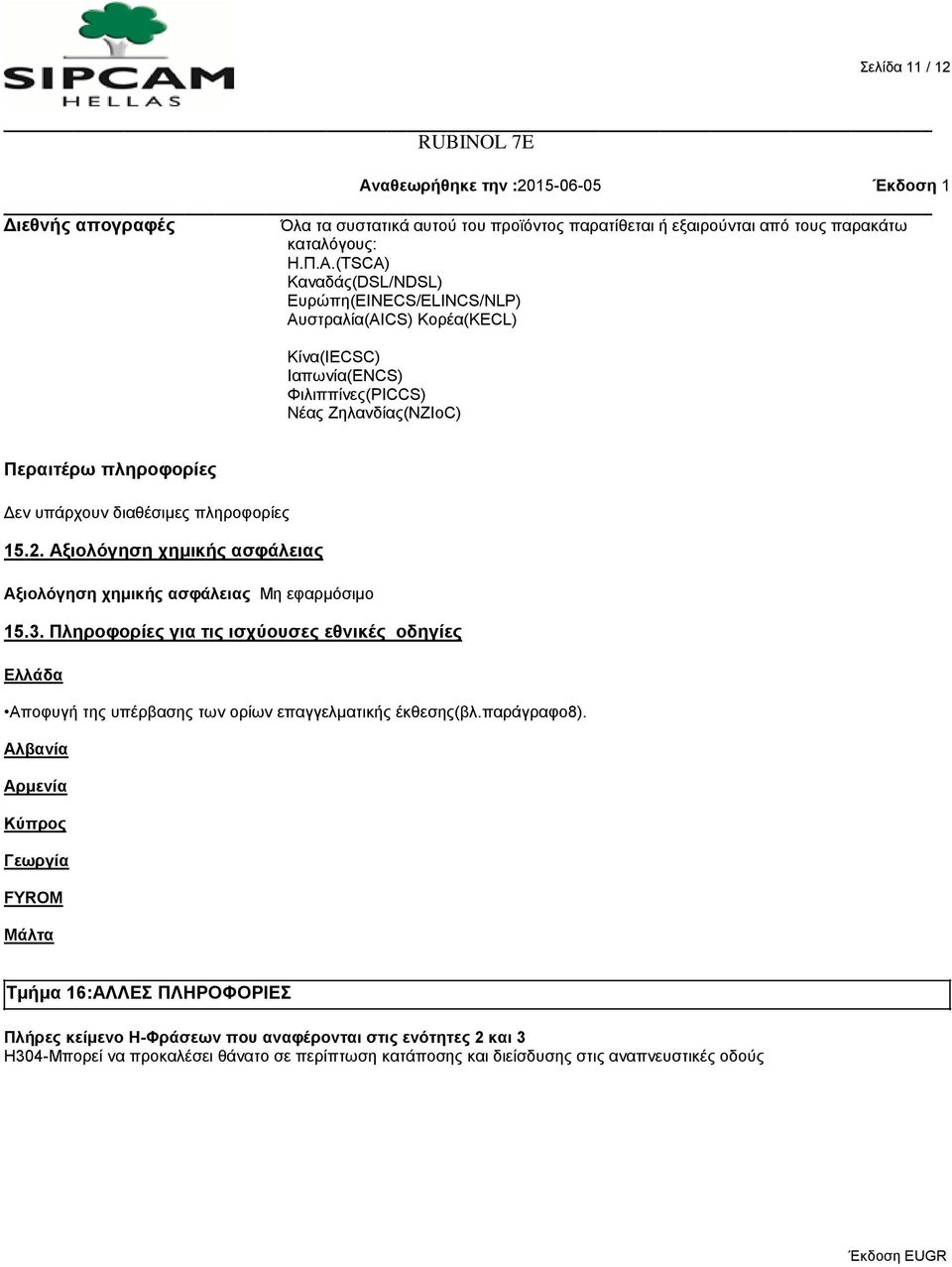(TSCA) Καναδάς(DSL/NDSL) Ευρώπη(EINECS/ELINCS/NLP) Αυστραλία(AICS) Κορέα(KECL) Κίνα(IECSC) Ιαπωνία(ENCS) Φιλιππίνες(PICCS) Νέας Ζηλανδίας(NZIoC) Περαιτέρω πληροφορίες Δεν υπάρχουν διαθέσιμες
