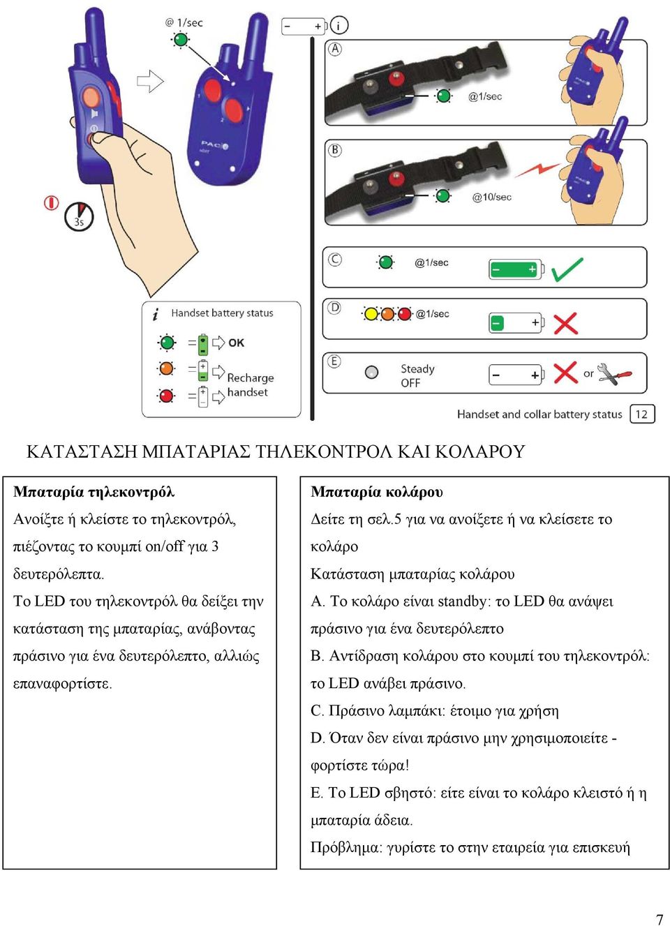 5 για να ανοίξετε ή να κλείσετε το κολάρο Κατάσταση μπαταρίας κολάρου Α. Το κολάρο είναι standby: το LED θα ανάψει πράσινο για ένα δευτερόλεπτο Β.