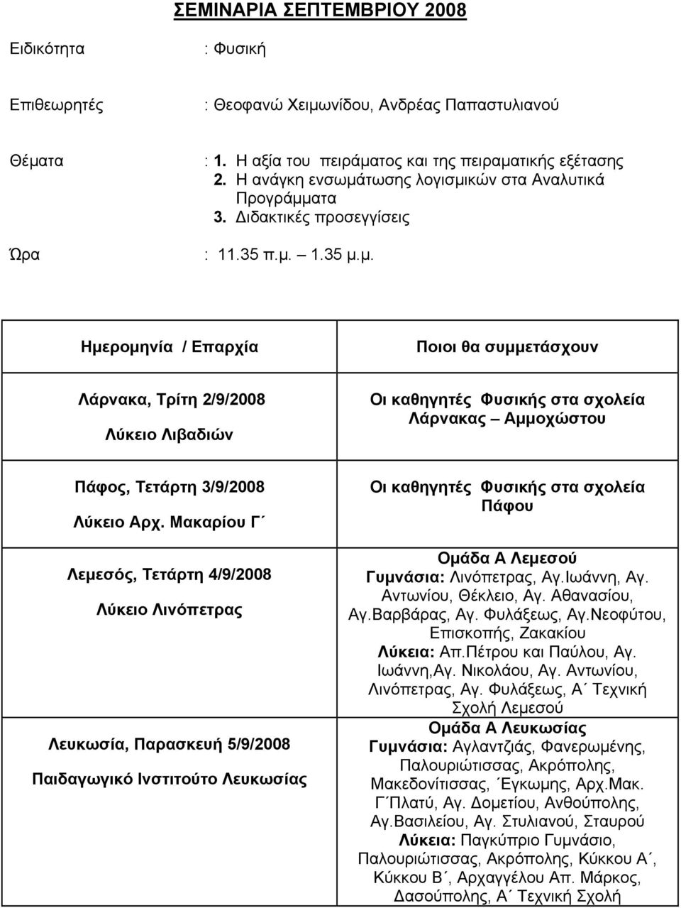 Μακαρίου Γ Λεμεσός, Τετάρτη 4/9/2008 Λύκειο Λινόπετρας Λευκωσία, Παρασκευή 5/9/2008 Παιδαγωγικό Ινστιτούτο Λευκωσίας Οι καθηγητές Φυσικής στα σχολεία Πάφου Ομάδα Α Λεμεσού Γυμνάσια: Λινόπετρας, Αγ.