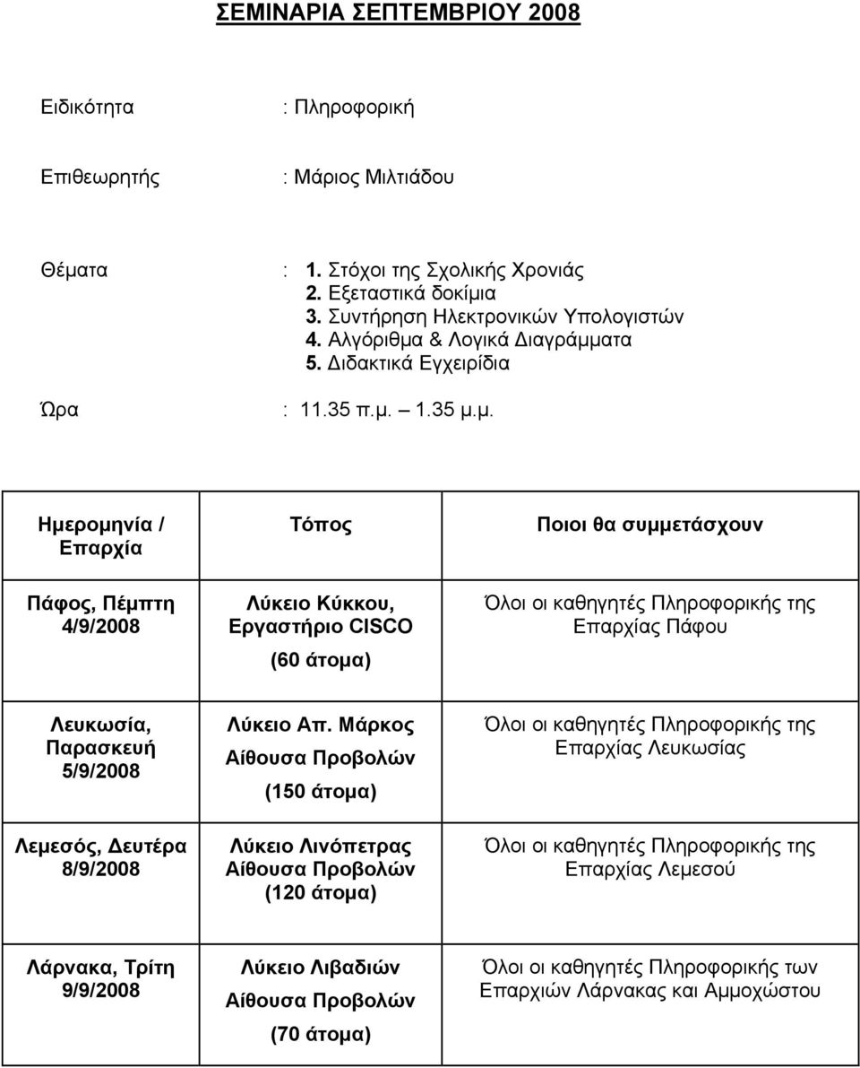 Λευκωσία, Παρασκευή 5/9/2008 Λεμεσός, Δευτέρα 8/9/2008 Λύκειο Απ.