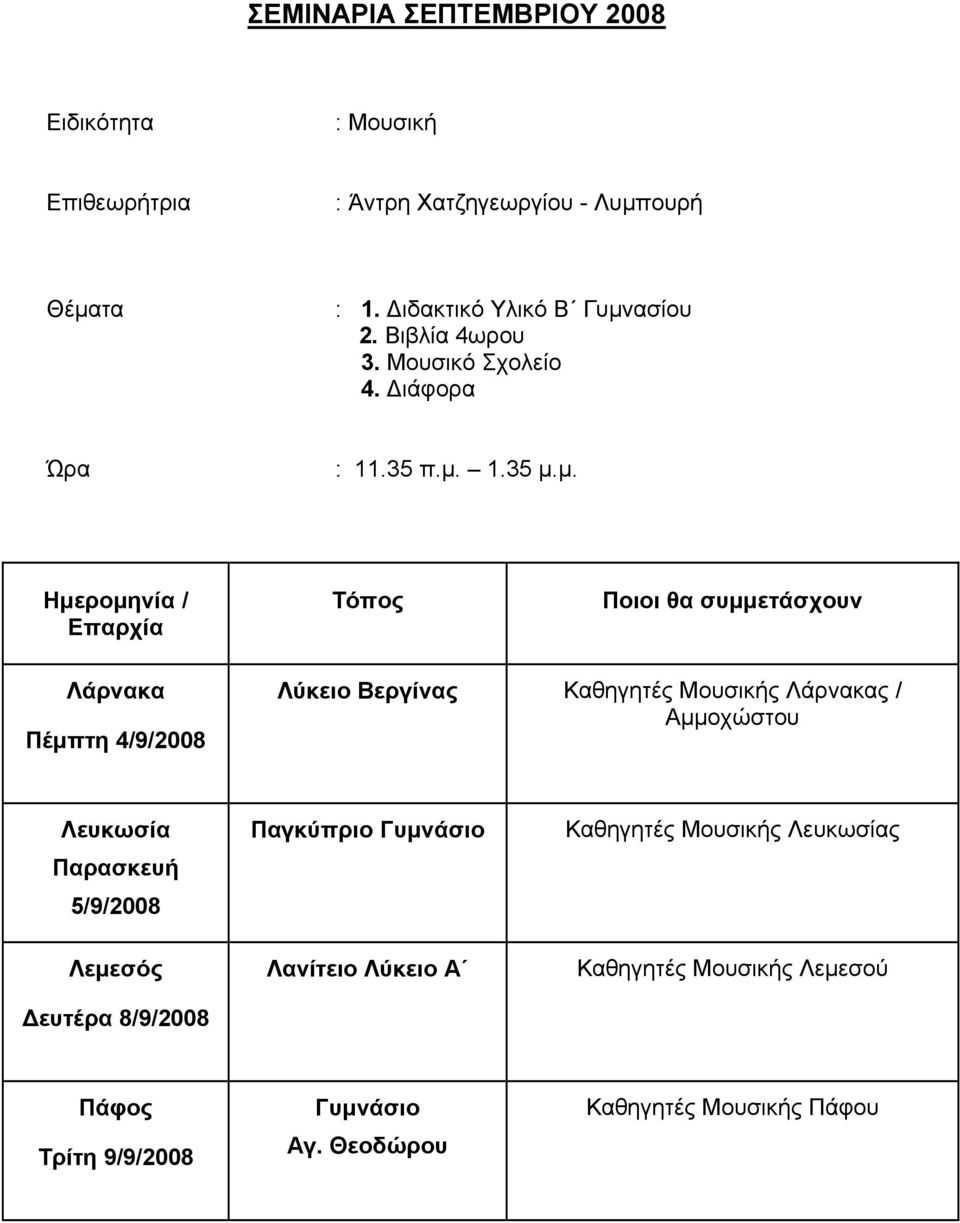 Διάφορα Ημερομηνία / Επαρχία Τόπος Ποιοι θα συμμετάσχουν Λάρνακα Πέμπτη 4/9/2008 Λύκειο Βεργίνας Καθηγητές Μουσικής