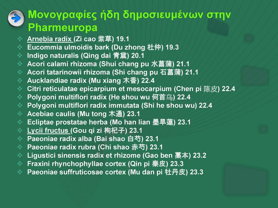 4 Citri reticulatae epicarpium et mesocarpium (Chen pi 陈 皮 ) 22.4 Polygoni multiflori radix (He shou wu 何 首 乌 ) 22.4 Polygoni multiflori radix immutata (Shi he shou wu) 22.