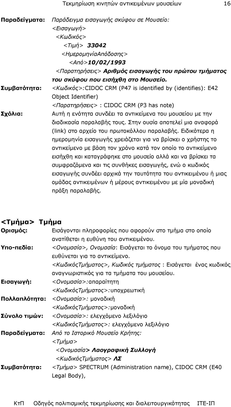 <Κωδικός>:CIDOC CRM (P47 is identified by (identifies): E42 Object Identifier) <Παρατηρήσεις> : CIDOC CRM (P3 has note) Αυτή η ενότητα συνδέει τα αντικείµενα του µουσείου µε την διαδικασία παραλαβής
