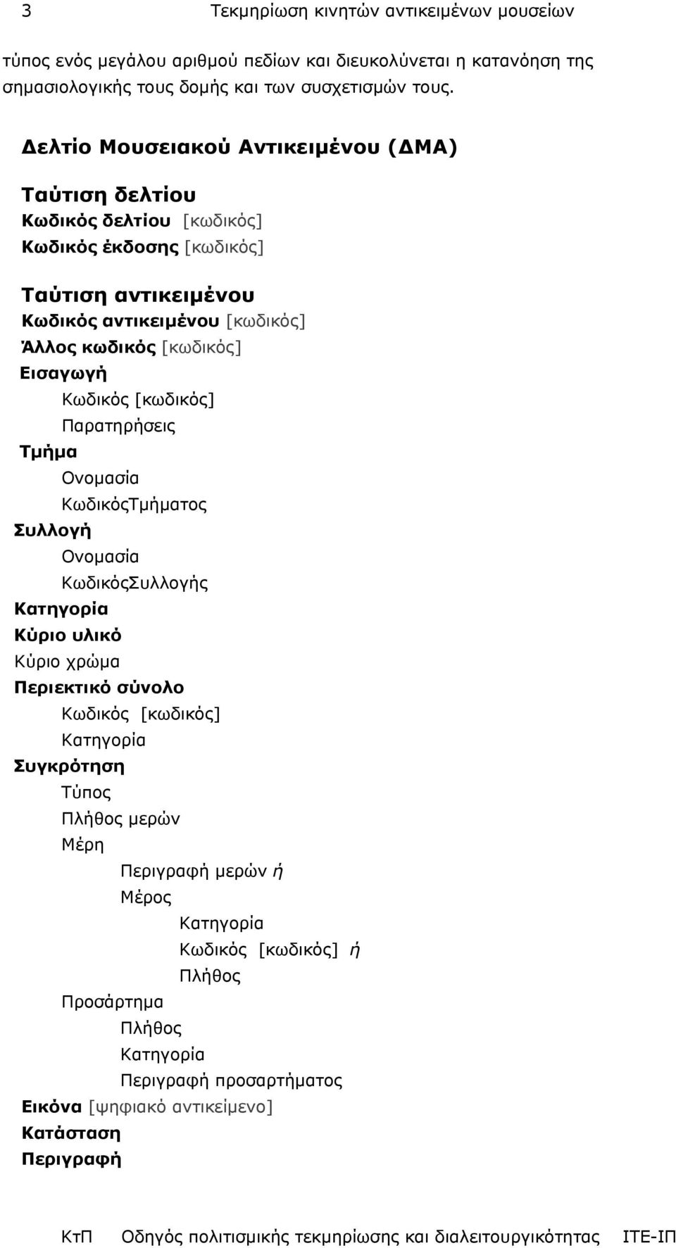 Εισαγωγή Κωδικός [κωδικός] Παρατηρήσεις Τµήµα Ονοµασία ΚωδικόςΤµήµατος Συλλογή Ονοµασία ΚωδικόςΣυλλογής Κατηγορία Κύριο υλικό Κύριο χρώµα Περιεκτικό σύνολο Κωδικός [κωδικός]