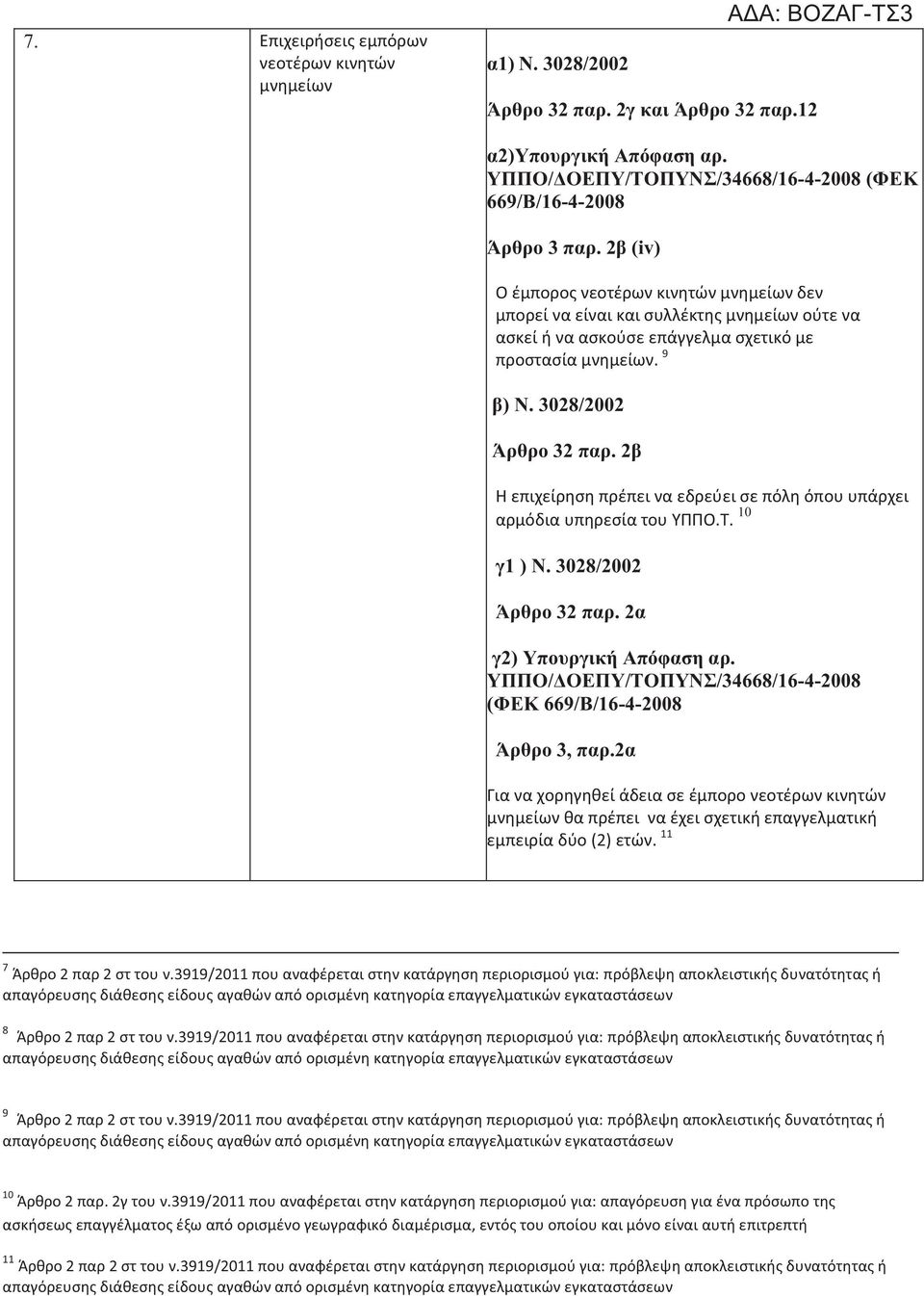 2β Η επιχείρηση πρέπει να εδρεύει σε πόλη όπου υπάρχει αρμόδια υπηρεσία του ΥΠΠΟ.Τ. 10 γ1 ) Ν. 3028/2002 Άρθρο 32 παρ. 2α γ2) Υπουργική Απόφαση αρ.