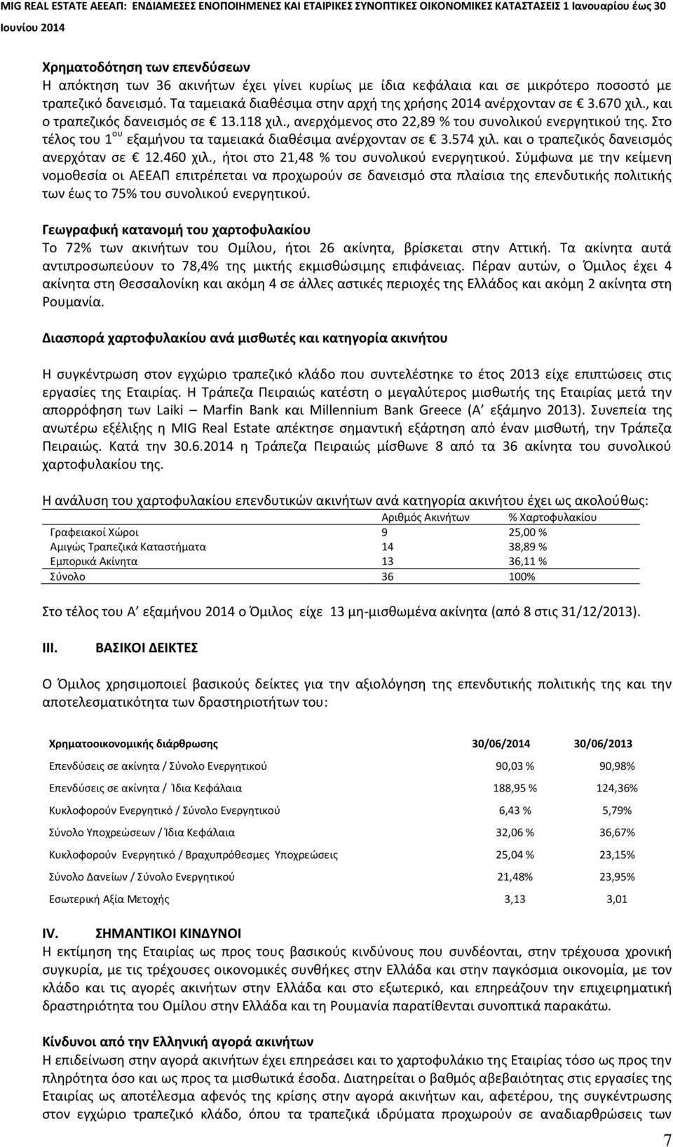 , ανερχόμενος στο 22,89 % του συνολικού ενεργητικού της. Στο τέλος του 1 ου εξαμήνου τα ταμειακά διαθέσιμα ανέρχονταν σε 3.574 χιλ. και ο τραπεζικός δανεισμός ανερχόταν σε 12.460 χιλ.