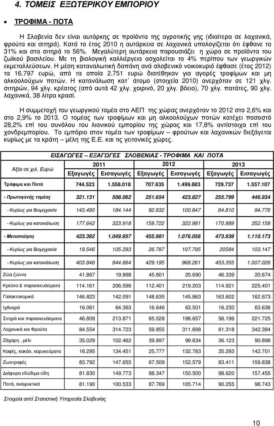 Με τη βιολογική καλλιέργεια ασχολείται το 4% περίπου των γεωργικών εκµεταλλεύσεων. Η µέση καταναλωτική δαπάνη ανά σλοβενικό νοικοκυριό έφθασε (έτος 2012) τα 16.797 ευρώ, από τα οποία 2.