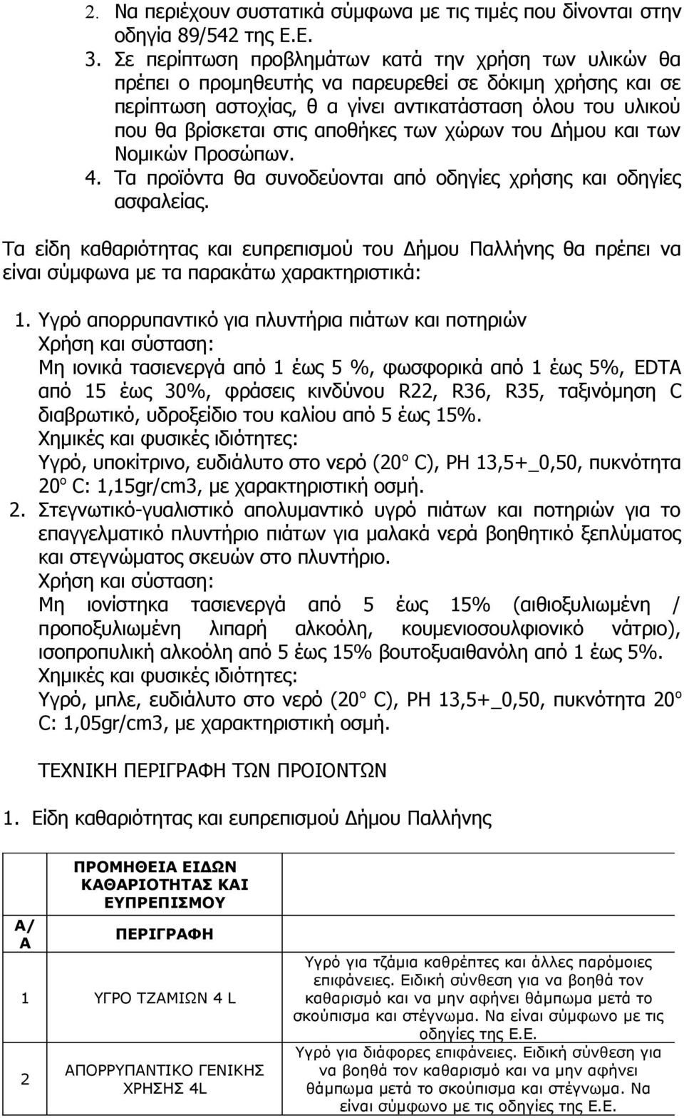 αποθήκες των χώρων του Δήμου και των Νομικών Προσώπων. 4. Τα προϊόντα θα συνοδεύονται από οδηγίες χρήσης και οδηγίες ασφαλείας.