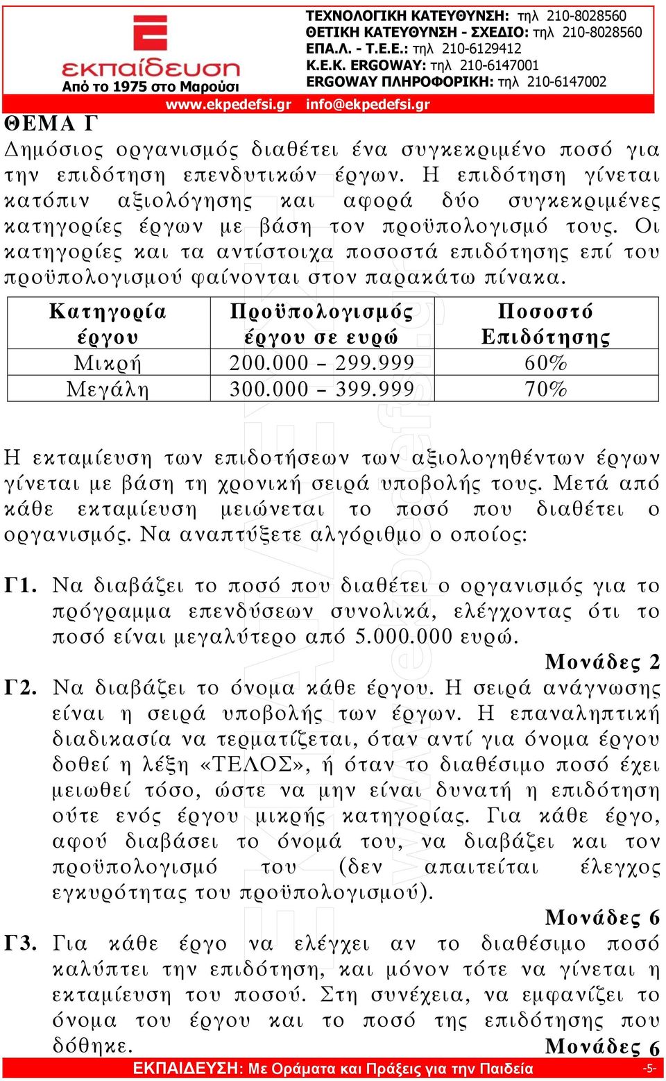 Οι κατηγορίες και τα αντίστοιχα ποσοστά επιδότησης επί του προϋπολογισμού φαίνονται στον παρακάτω πίνακα. Κατηγορία έργου Προϋπολογισμός έργου σε ευρώ Ποσοστό Επιδότησης Μικρή 200.000 299.