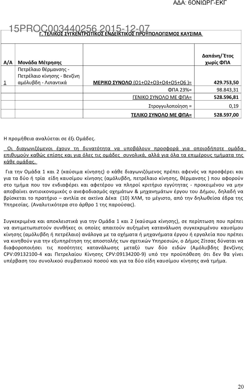 Οι διαγωνιζόμενοι έχουν τη δυνατότητα να υποβάλουν προσφορά για οποιοδήποτε ομάδα επιθυμούν καθώς επίσης και για όλες τις ομάδες συνολικά, αλλά για όλα τα επιμέρους τμήματα της κάθε ομάδας.