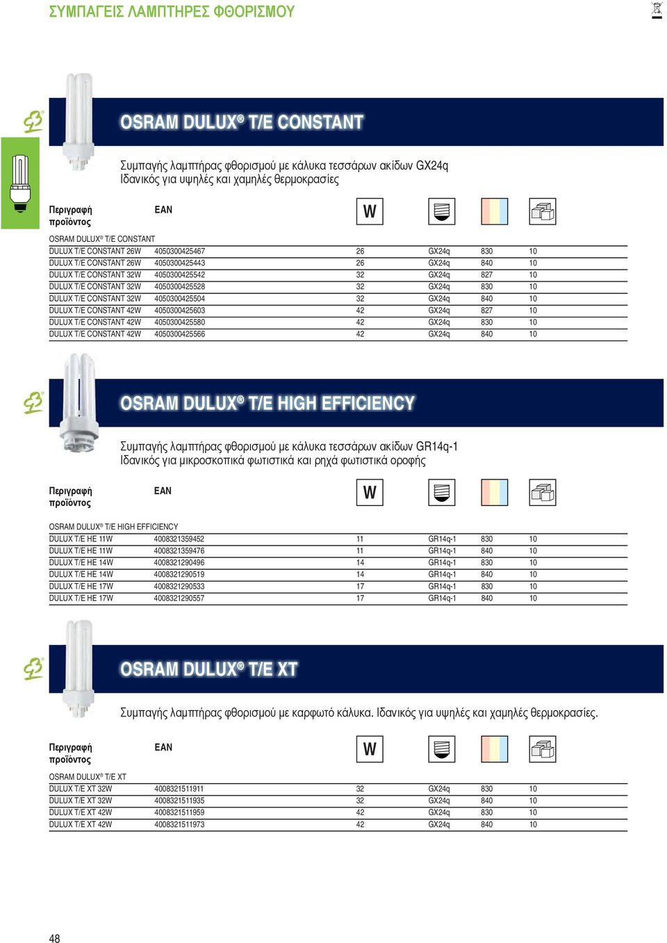 10 DULUX T/E CONSTANT 32W 4050300425504 32 GX24q 840 10 DULUX T/E CONSTANT 42W 4050300425603 42 GX24q 827 10 DULUX T/E CONSTANT 42W 4050300425580 42 GX24q 830 10 DULUX T/E CONSTANT 42W 4050300425566