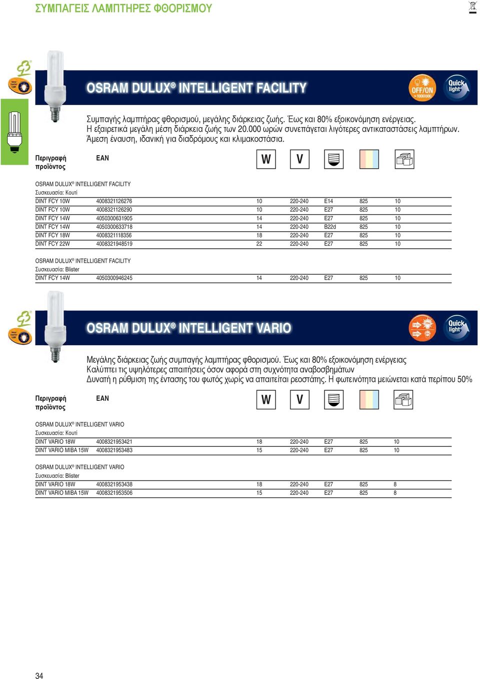 OSRAM DULUX INTELLIGENT FACILITY DINT FCY 10W 4008321126276 10 220-240 E14 825 10 DINT FCY 10W 4008321126290 10 220-240 E27 825 10 DINT FCY 14W 4050300631905 14 220-240 E27 825 10 DINT FCY 14W