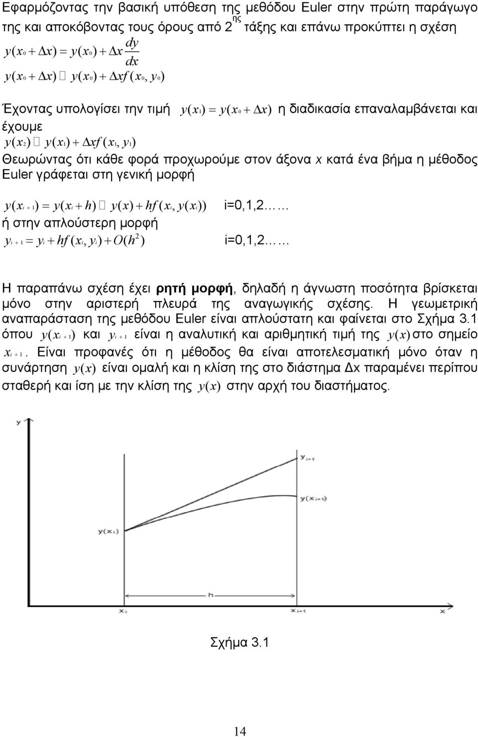 μέθοδος Euler γράφεται στη γενική μορφή yx ( i + 1) = yx ( i+ h) yx ( ) + hf( xi, yx ( i) ) i=0,1, ή στην απλούστερη μορφή yi + 1 = yi+ hf( xi, yi) + O( h ) i=0,1, Η παραπάνω σχέση έχει ρητή μορφή,
