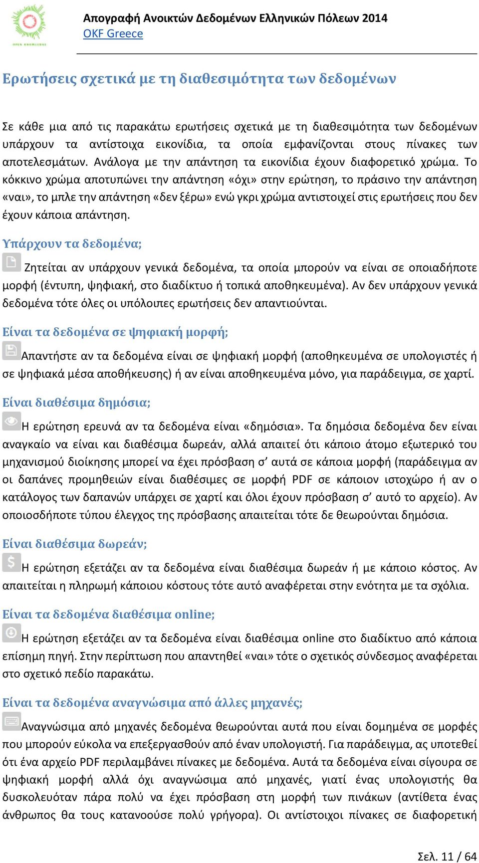 Το κόκκινο χρώμα αποτυπώνει την απάντηση «όχι» στην ερώτηση, το πράσινο την απάντηση «ναι», το μπλε την απάντηση «δεν ξέρω» ενώ γκρι χρώμα αντιστοιχεί στις ερωτήσεις που δεν έχουν κάποια απάντηση.