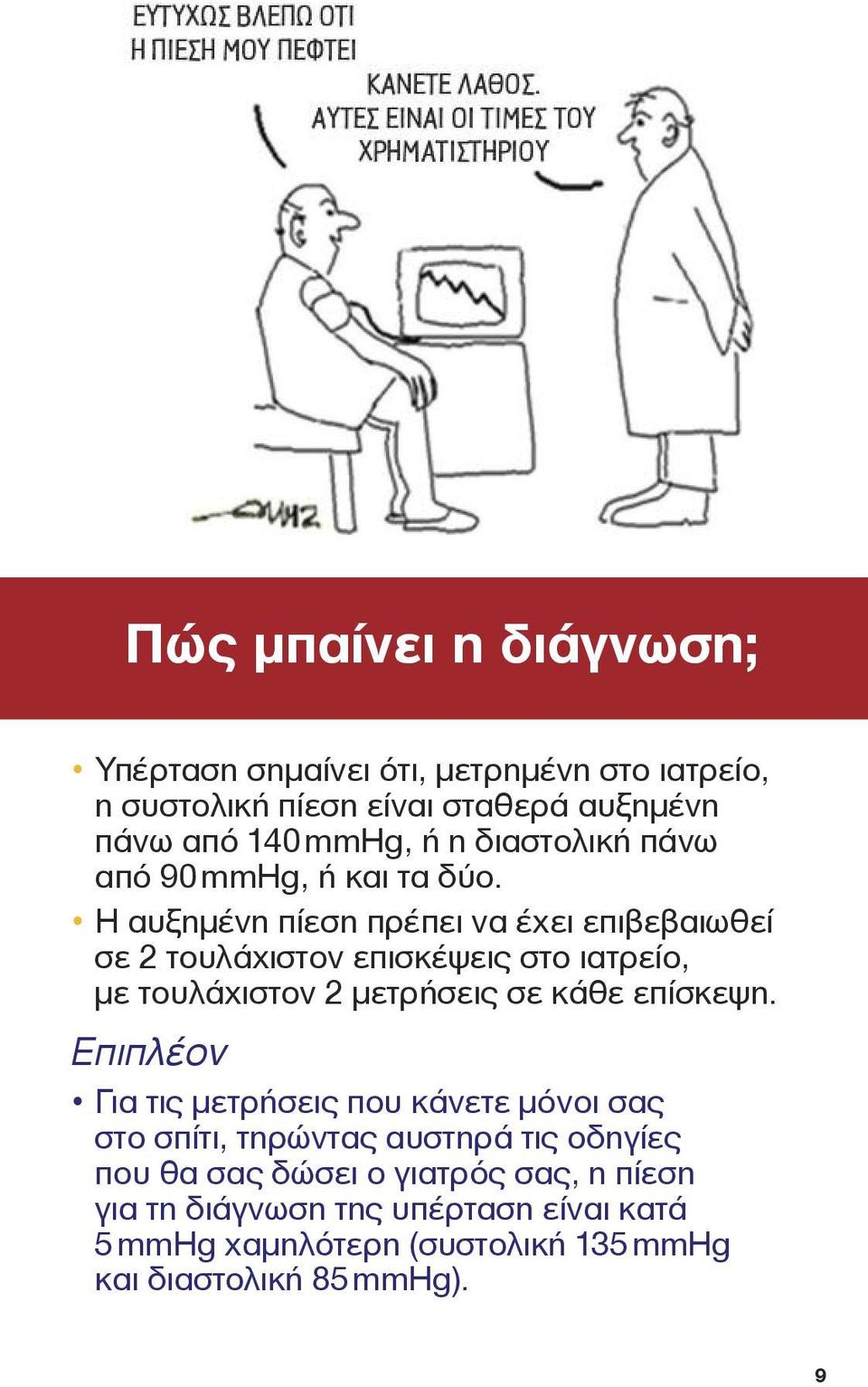 Η αυξημένη πίεση πρέπει να έχει επιβεβαιωθεί σε 2 τουλάχιστον επισκέψεις στο ιατρείο, με τουλάχιστον 2 μετρήσεις σε κάθε επίσκεψη.