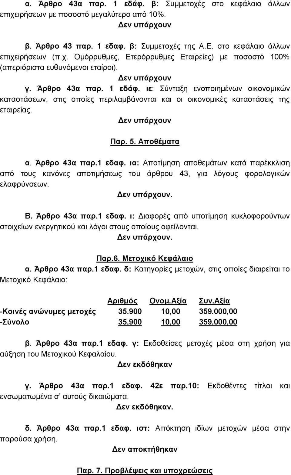 ια: Αποτίμηση αποθεμάτων κατά παρέκκλιση από τους κανόνες αποτιμήσεως του άρθρου 43, για λόγους φορολογικών ελαφρύνσεων.. Β. Άρθρο 43α παρ.1 εδαφ.