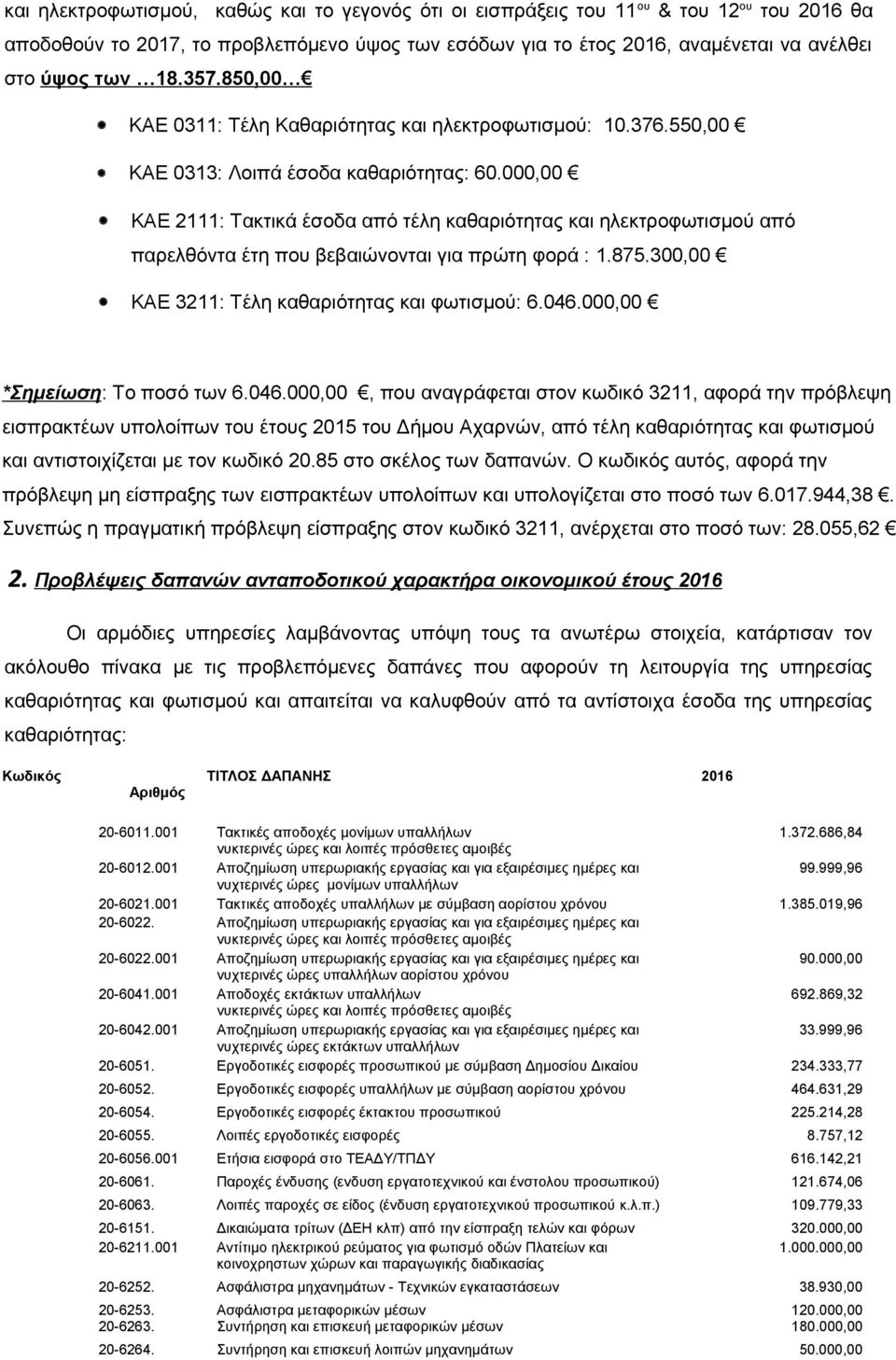 000,00 ΚΑΕ 2111: Τακτικά έσοδα από τέλη καθαριότητας και ηλεκτροφωτισμού από παρελθόντα έτη που βεβαιώνονται για πρώτη φορά : 1.875.300,00 KAE 3211: Τέλη καθαριότητας και φωτισμού: 6.046.