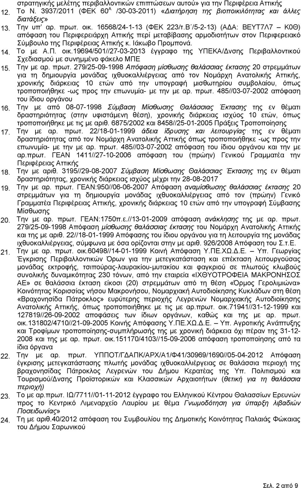 Το με Α.Π. οικ.19694/501//27-03-2013 έγγραφο της ΥΠΕΚΑ/Δνσης Περιβαλλοντικού Σχεδιασμού με συνημμένο φάκελο ΜΠΕ 15. Την με αρ. πρωτ.