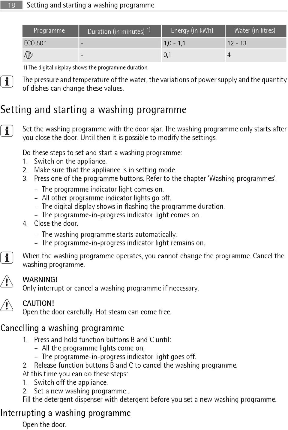 Setting and starting a washing programme Set the washing programme with the door ajar. The washing programme only starts after you close the door. Until then it is possible to modify the settings.