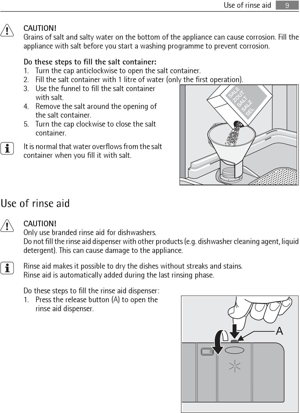 Use the funnel to fill the salt container with salt. 4. Remove the salt around the opening of the salt container. 5. Turn the cap clockwise to close the salt container.