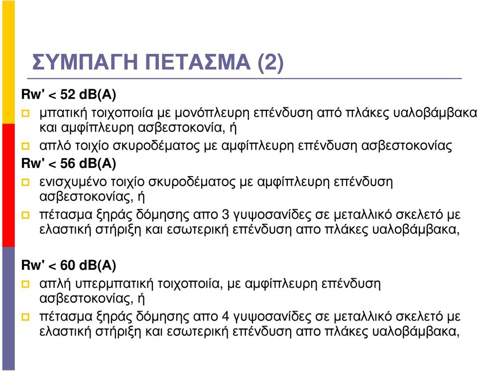 δόµησης απο 3 γυψοσανίδες σε µεταλλικό σκελετό µε ελαστική στήριξη και εσωτερική επένδυση απο πλάκες υαλοβάµβακα, Rw' < 60 db(α) απλή υπερµπατική