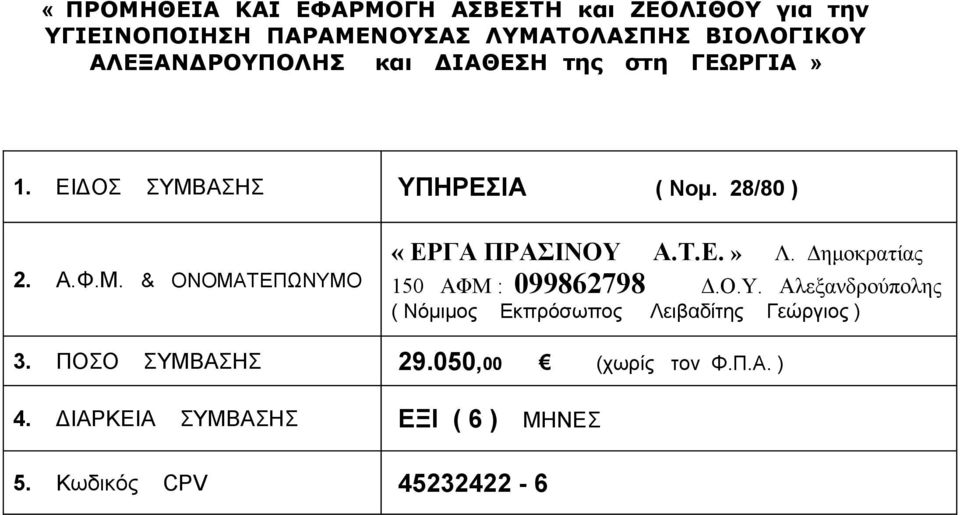 Δημοκρατίας 150 ΑΦΜ : 099862798 Δ.Ο.Υ.