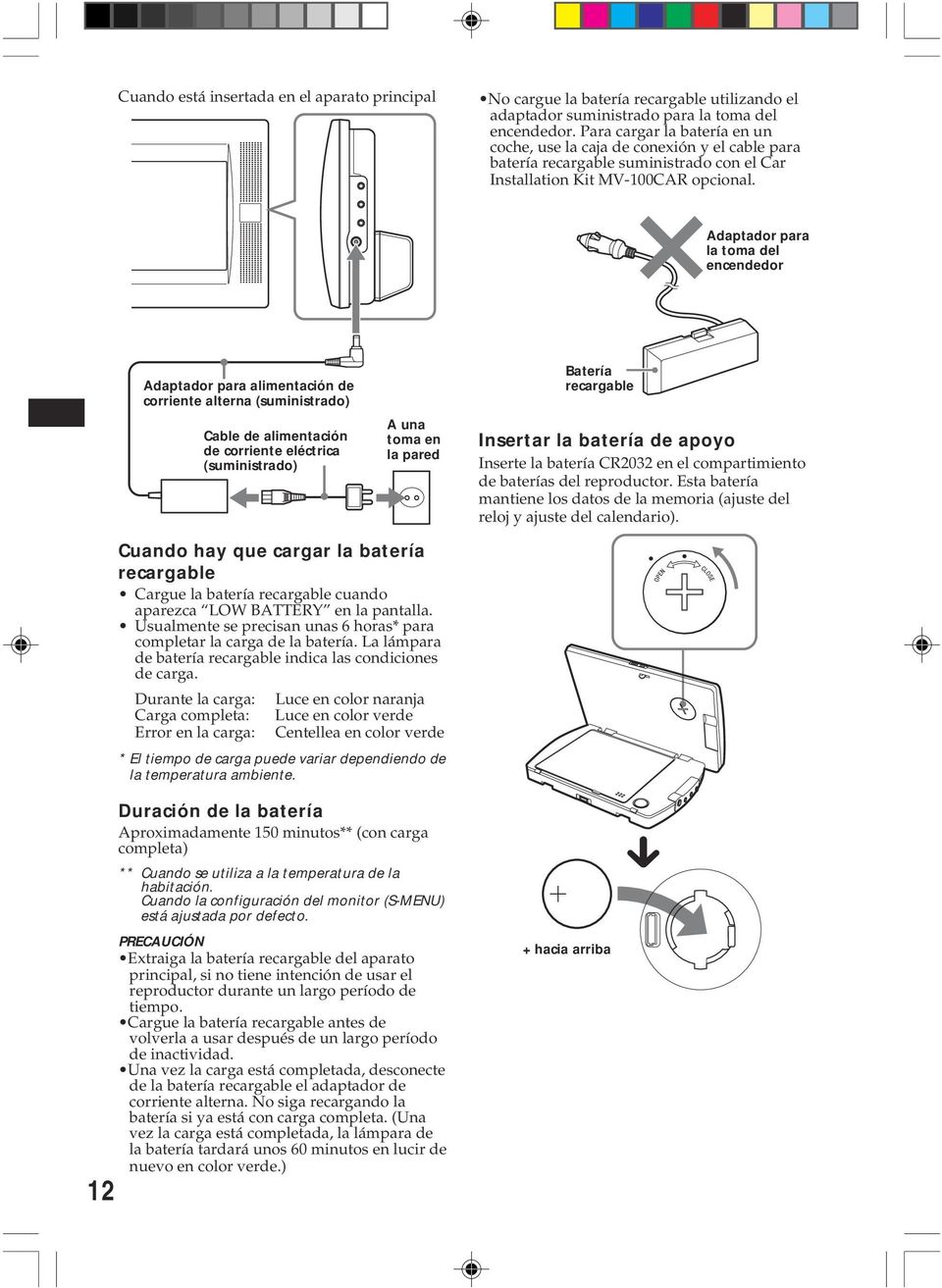 Adaptador para la toma del encendedor Adaptador para alimentación de corriente alterna (suministrado) Cable de alimentación de corriente eléctrica (suministrado) A una toma en la pared Batería