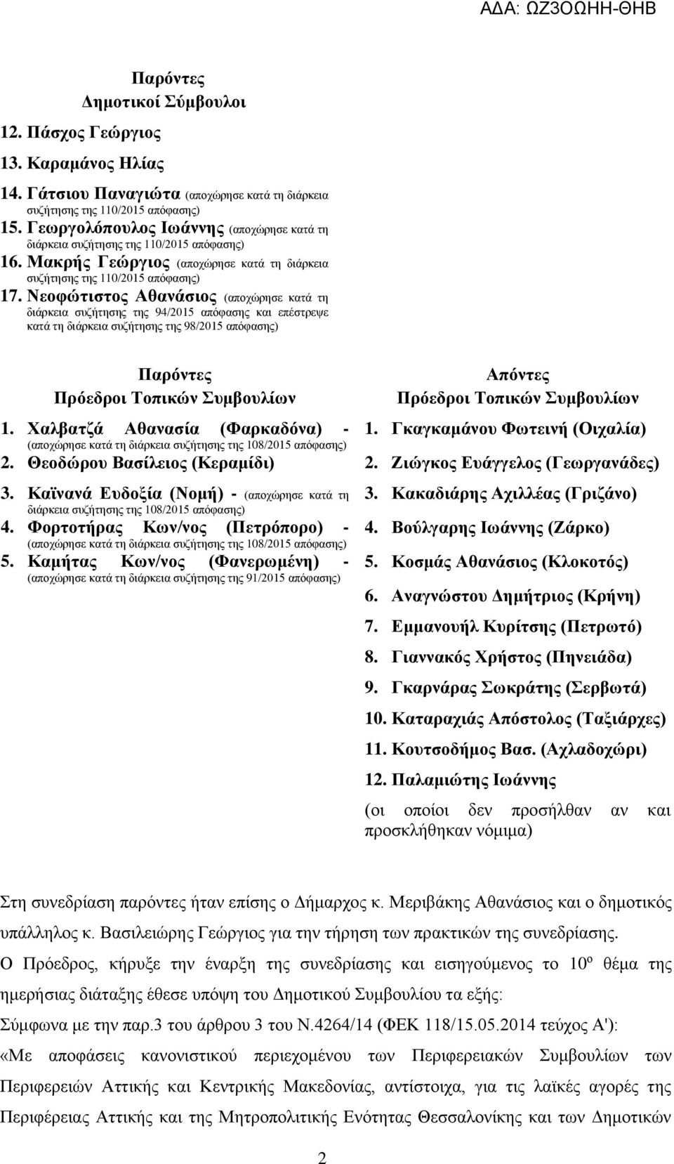 Νεοφώτιστος Αθανάσιος (αποχώρησε κατά τη διάρκεια συζήτησης της 94/2015 απόφασης και επέστρεψε κατά τη διάρκεια συζήτησης της 98/2015 απόφασης) Παρόντες Πρόεδροι Τοπικών Συμβουλίων Απόντες Πρόεδροι
