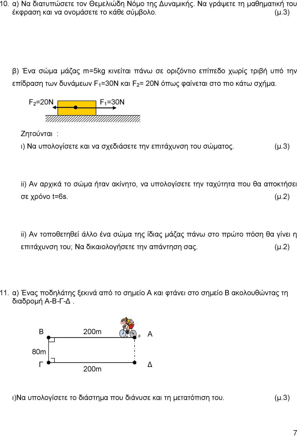 F =0N F 1 =30N Ζητούνται : ι) Nα υπολογίσετε και να σχεδιάσετε την επιτάχυνση του σώματος. ii) Αν αρχικά το σώμα ήταν ακίνητο, να υπολογίσετε την ταχύτητα που θα αποκτήσει σε χρόνο t=6s.