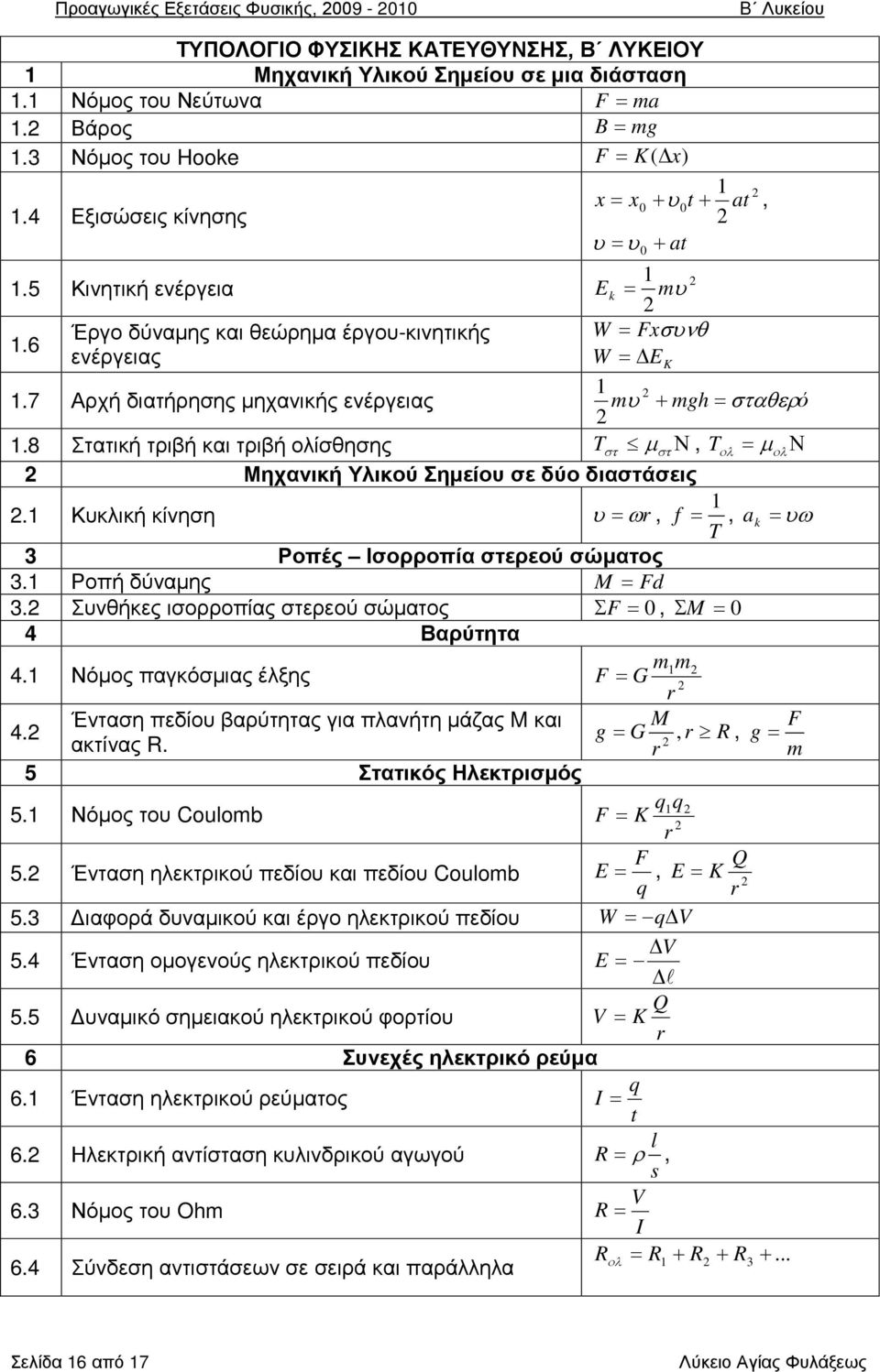 7 Αρχή διατήρησης μηχανικής ενέργειας 1 mυ + mgh = σταθερό 1.8 Στατική τριβή και τριβή ολίσθησης T στ µ στ Ν, T ολ = µ ολ Ν Μηχανική Υλικού Σημείου σε δύο διαστάσεις.