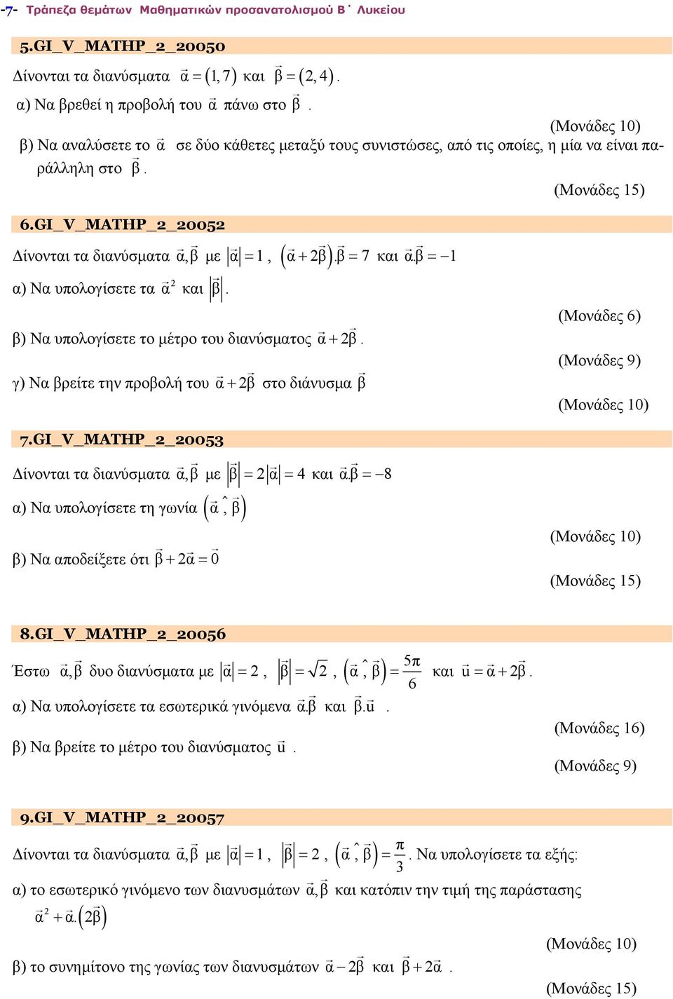 διανύσματος α 2β γ) Να βρείτε την προβολή του α 2β στο διάνυσμα β και αβ 1 (Μονάδες 6) 7GI_V_MATHP_2_20053 Δίνονται τα διανύσματα α,β με α) Να υπολογίσετε τη γωνία α, β β) Να αποδείξετε ότι β 2α 0 β